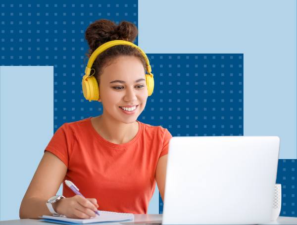A woman learning art from her computer