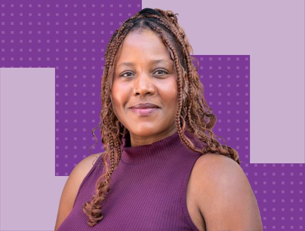 Writer in Residence Iryn Tushaba, a Black woman wearing a purple tank top on a purple background