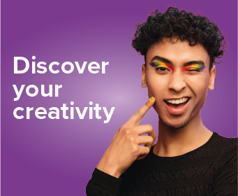 A winking person with curly hair and rainbow eye shadow. Text reads, Discover your creativity.