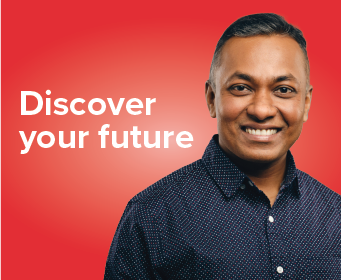 Smiling man, text reads Discover your Future.