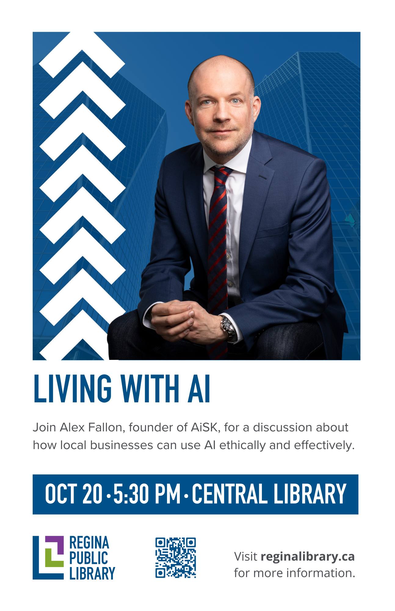 Living with AI. Photo of Alex Fallon. Event happening on October 20 at 5:30pm at Central Library.