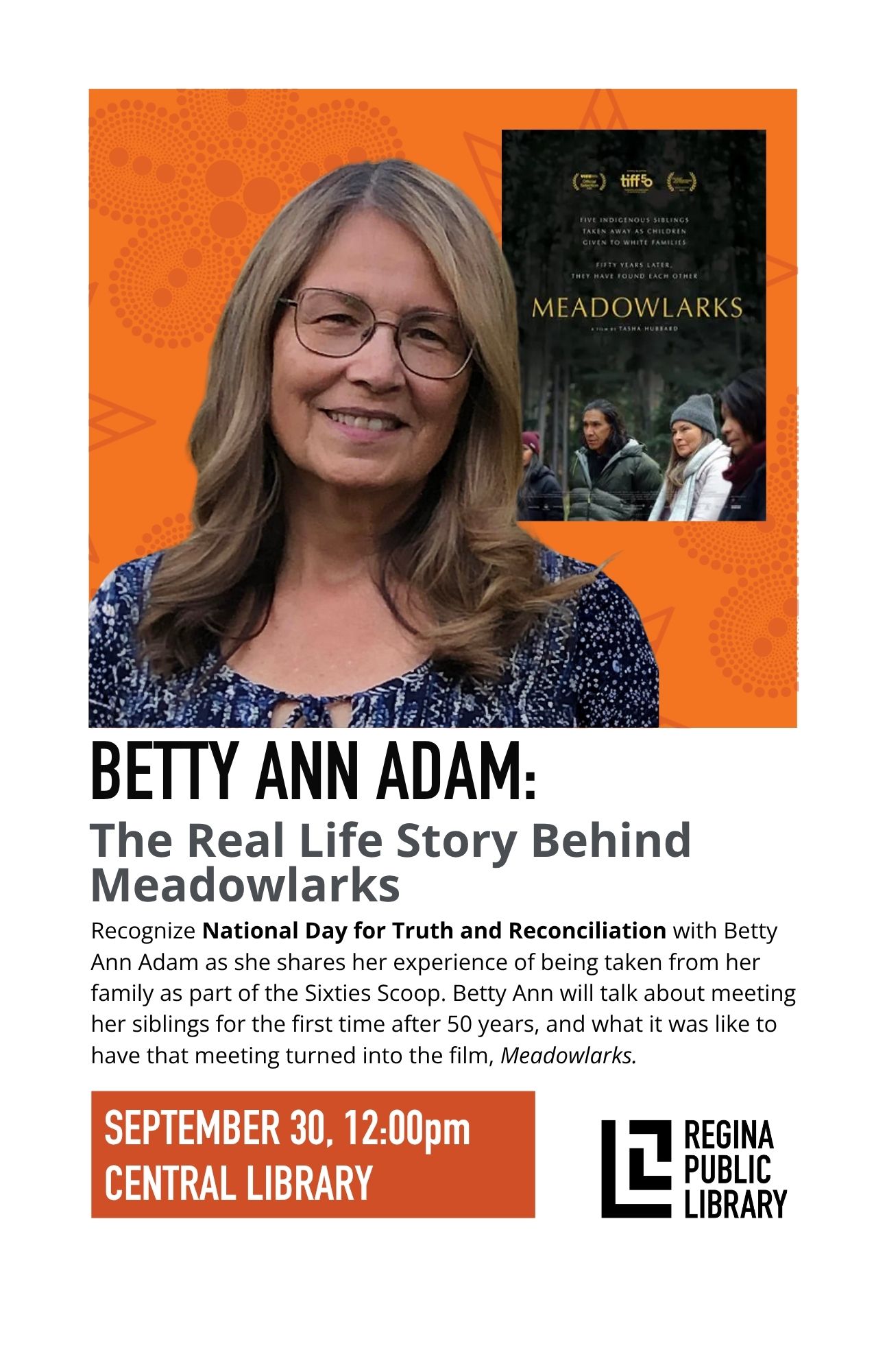 An Indigenous woman over an orange background with the poster of a film behind her, with four Indigenous people standing together