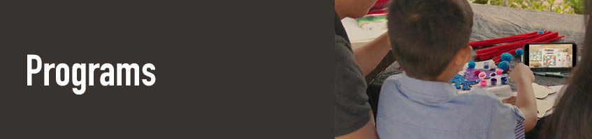 A child follows art instructions of a program they are watching on a smartphone. Text reads, Programs.