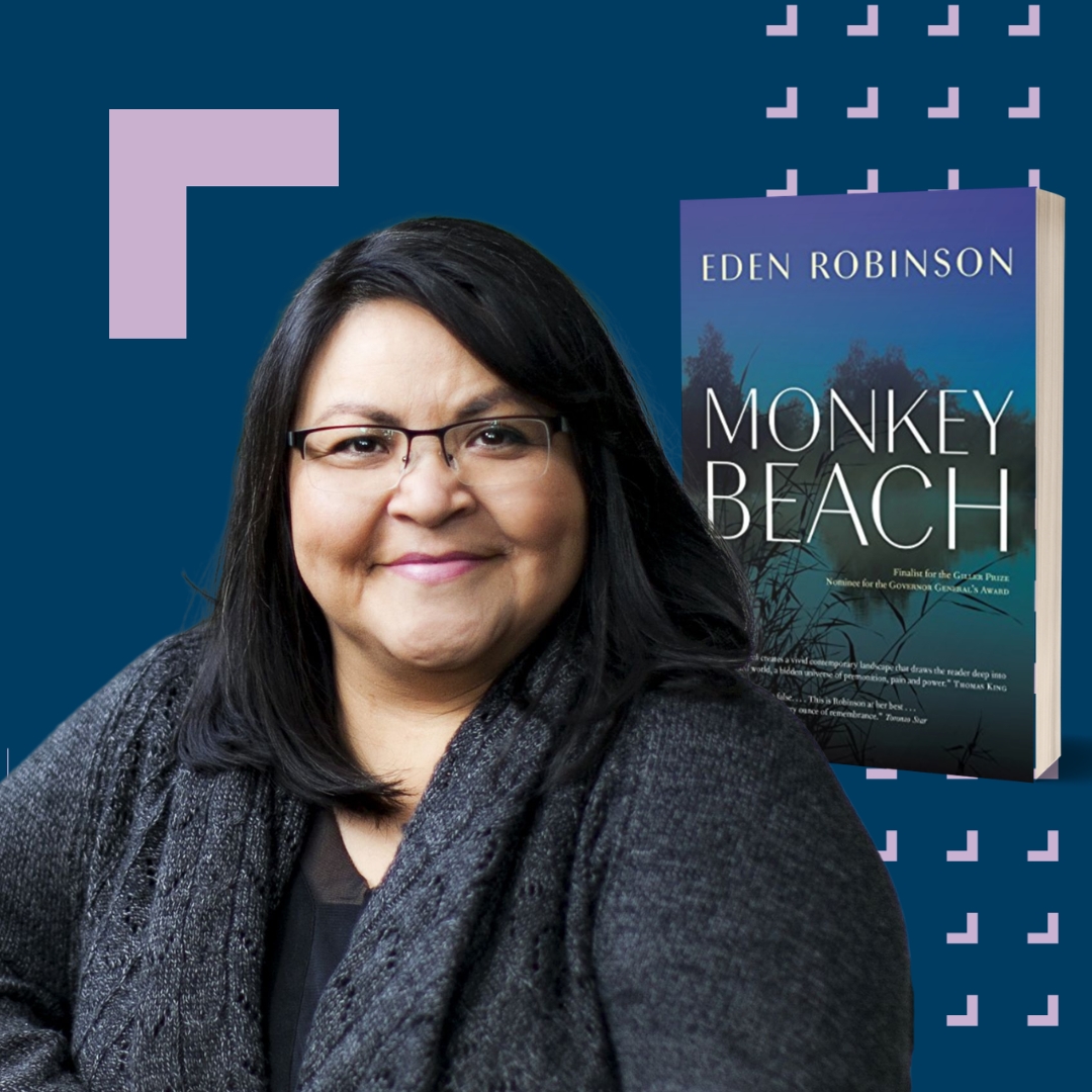 An Indigenous woman wearing a gray sweater on a blue background with a book behind her titled Monkey Beach by Eden Robinson