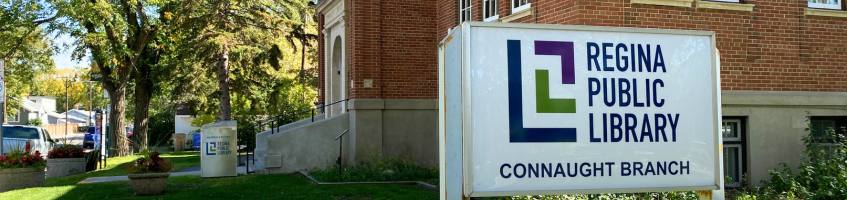The Regina Public Library sign outside of Connaught Branch.