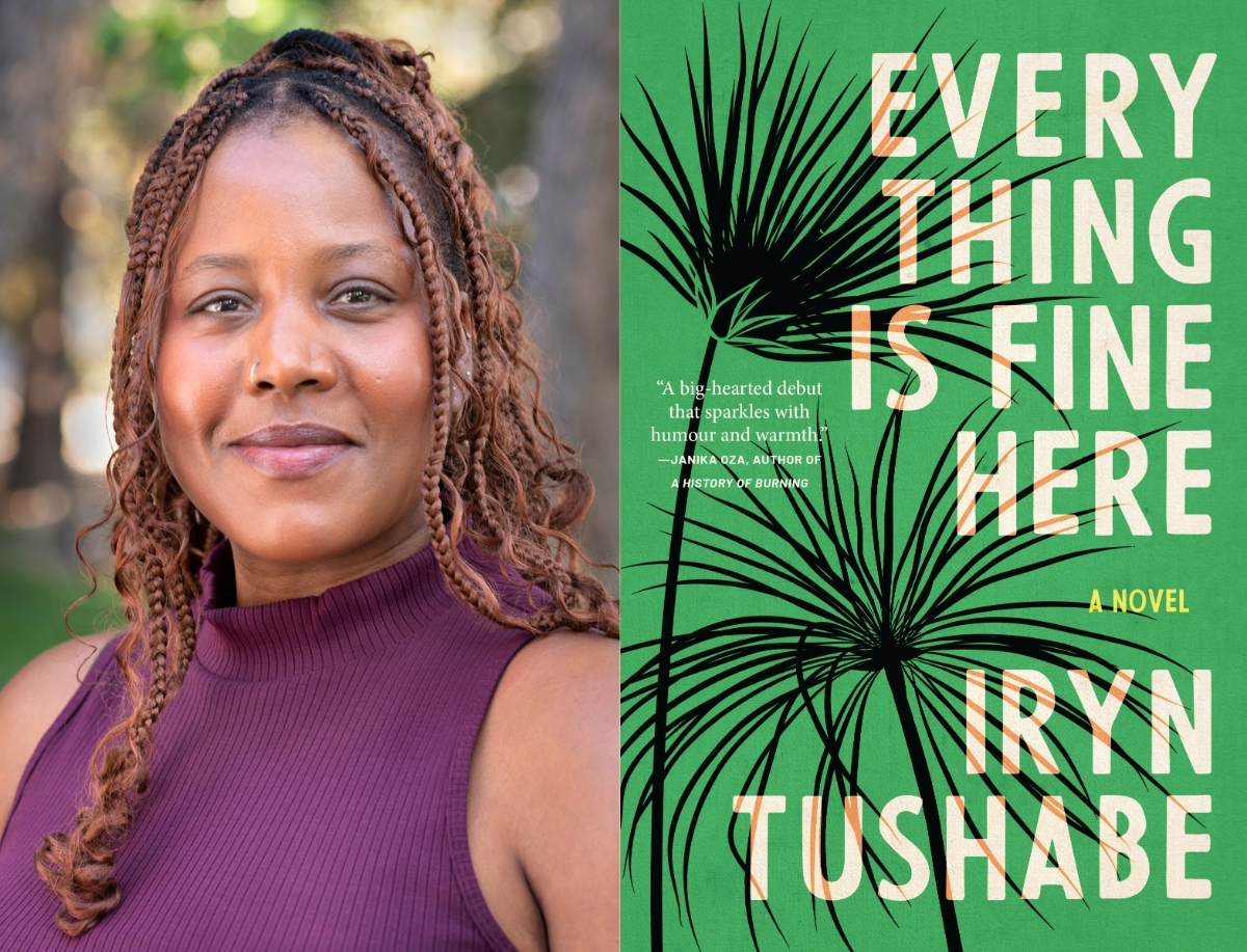A Black woman with braids wearing a purple tank top, next to an image of a book cover with a green background and palm trees with the title, Everything is Fine Here, a novel by Iryn Tushabe