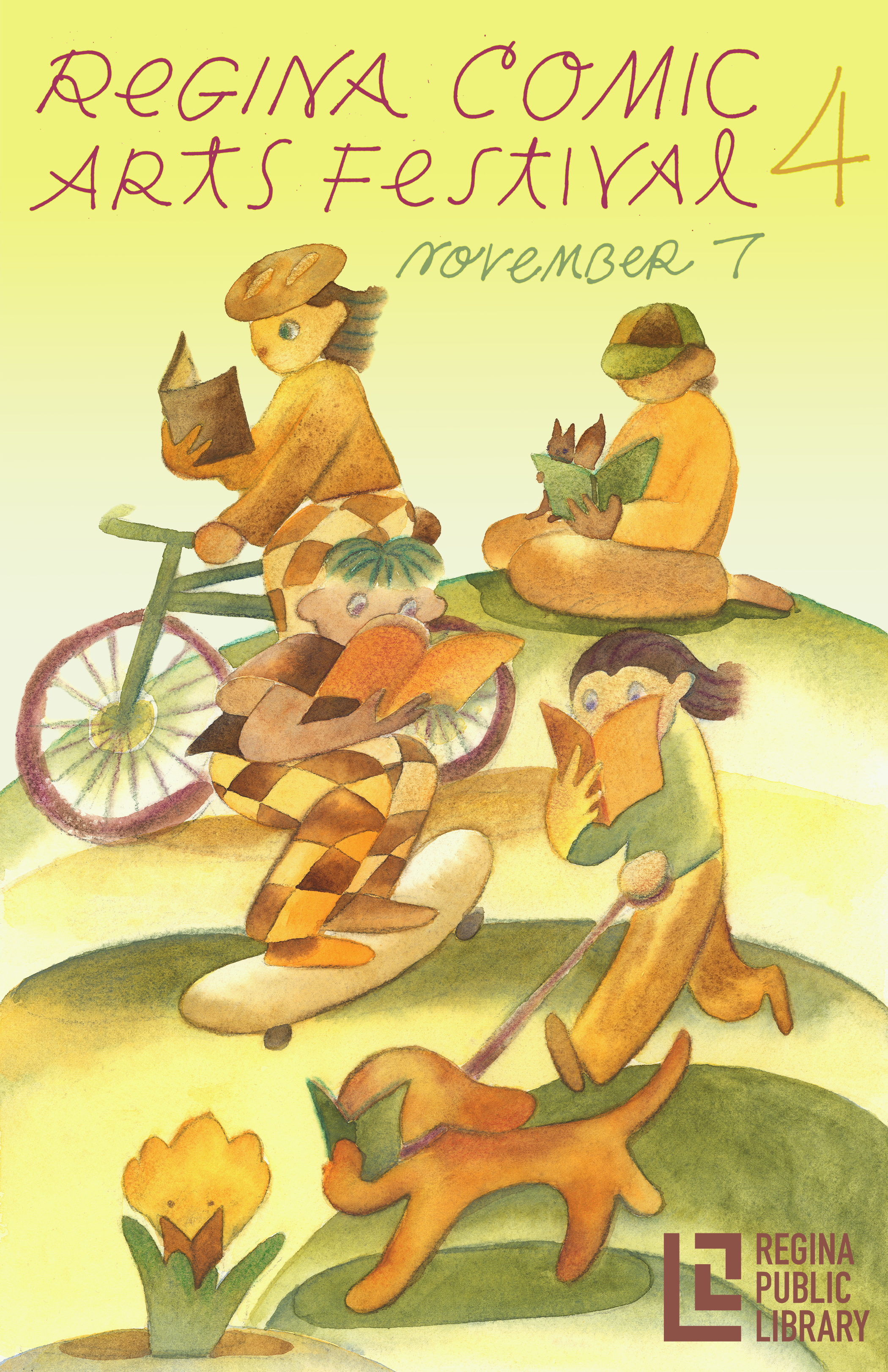 Watercolour poster for Regina Comic Arts Festival with people, a dog, and a flower reading books